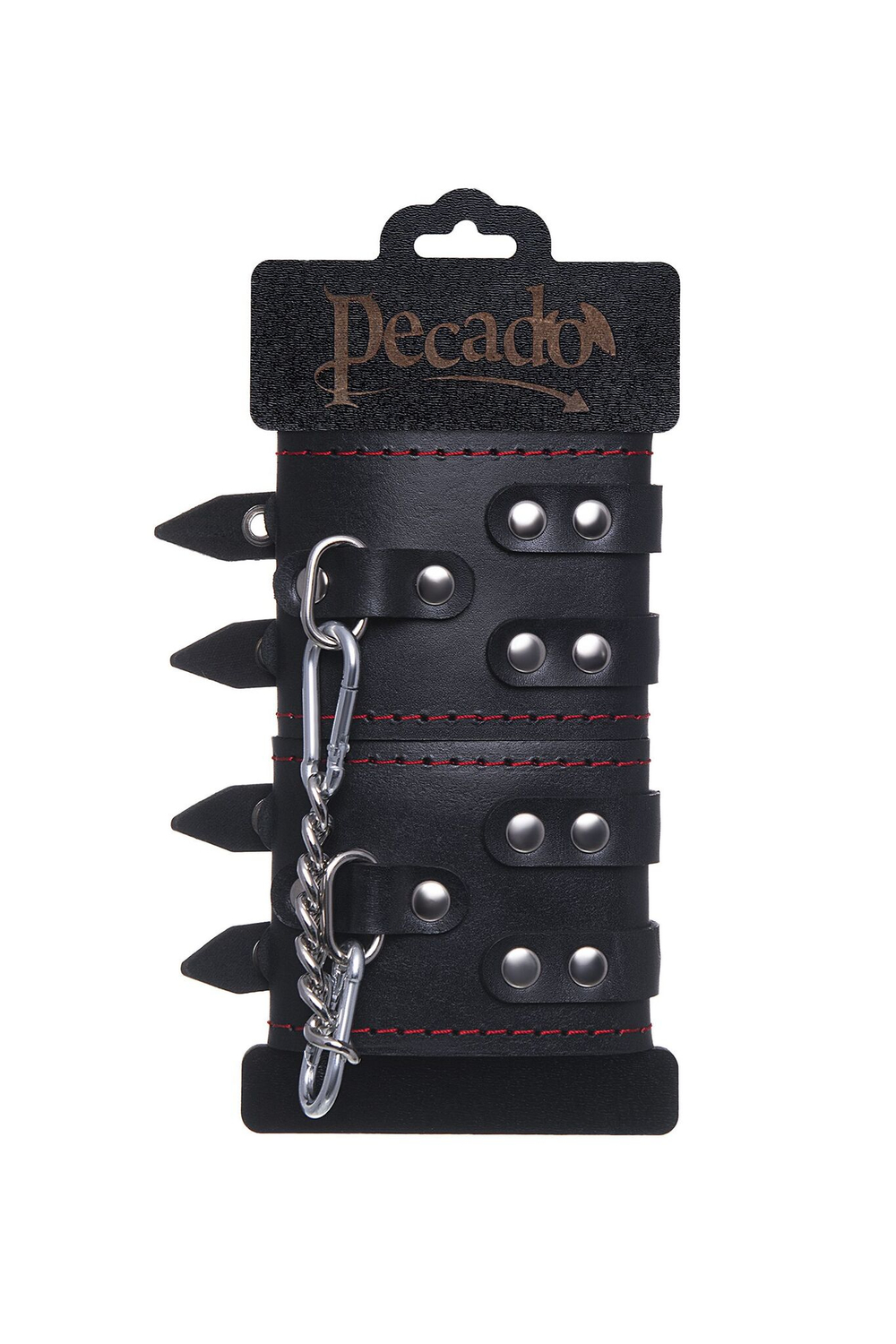 Черные кожаные наручники с двумя ремнями и контрастной строчкой (Цвет: черный)