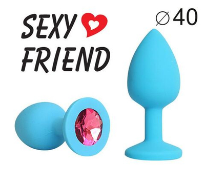 Голубая силиконовая анальная пробка с малиновым кристаллом - 9,5 см. (Цвет: малиновый)