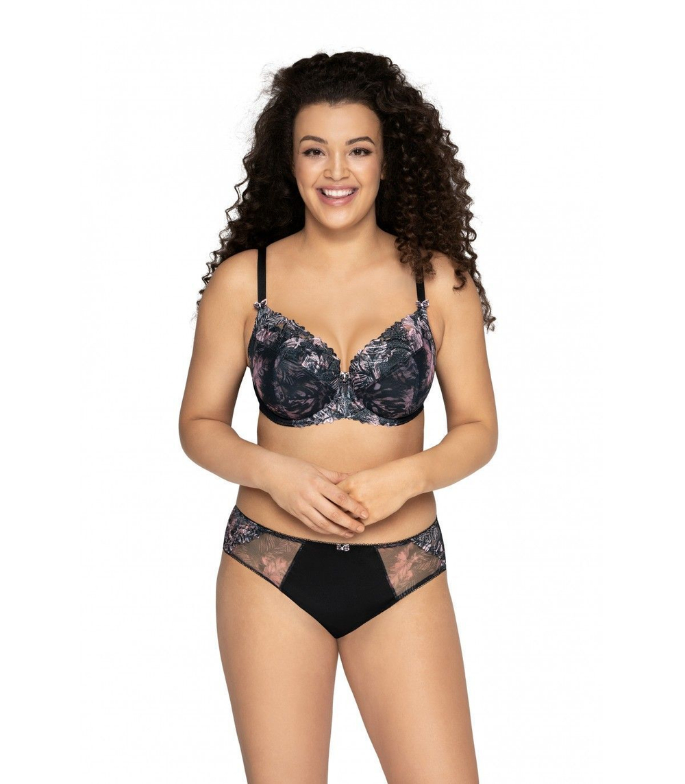 Бюстгальтер с чашками, покрытыми сеткой с принтом листьев (Размер: 80H) (Цвет: черный)