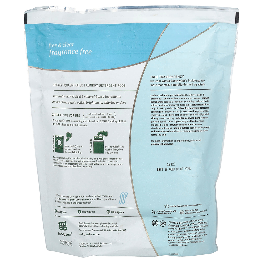 Grab Green, Капсулы со стиральным порошком «3 в 1», без запаха, 60 загрузок, 1080 г (2 фунта), 6 унций