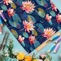 Ткань премиум габардин кувшинки на пруду