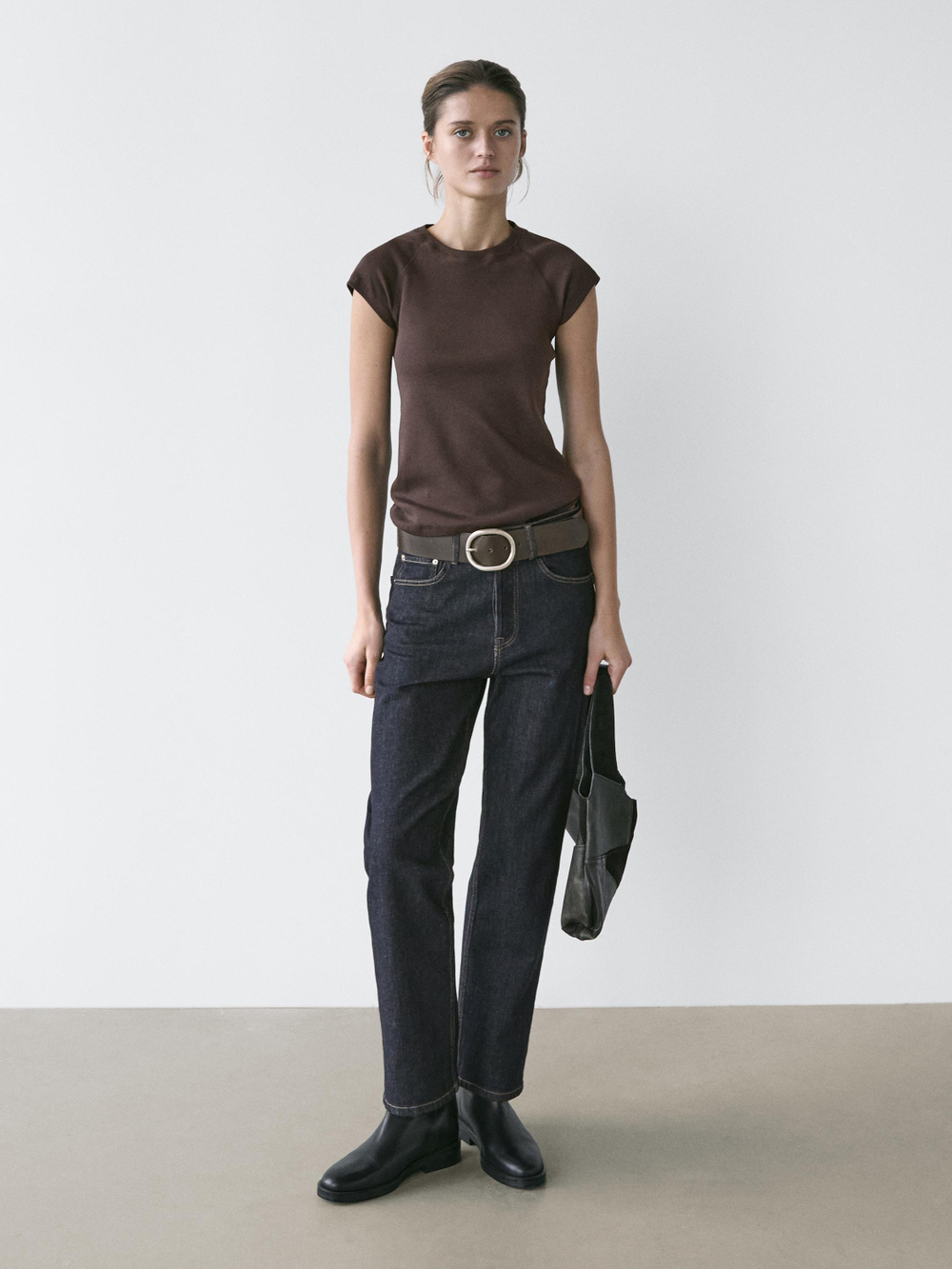 Massimo Dutti Хлопковая футболка с короткими рукавами, коричневый