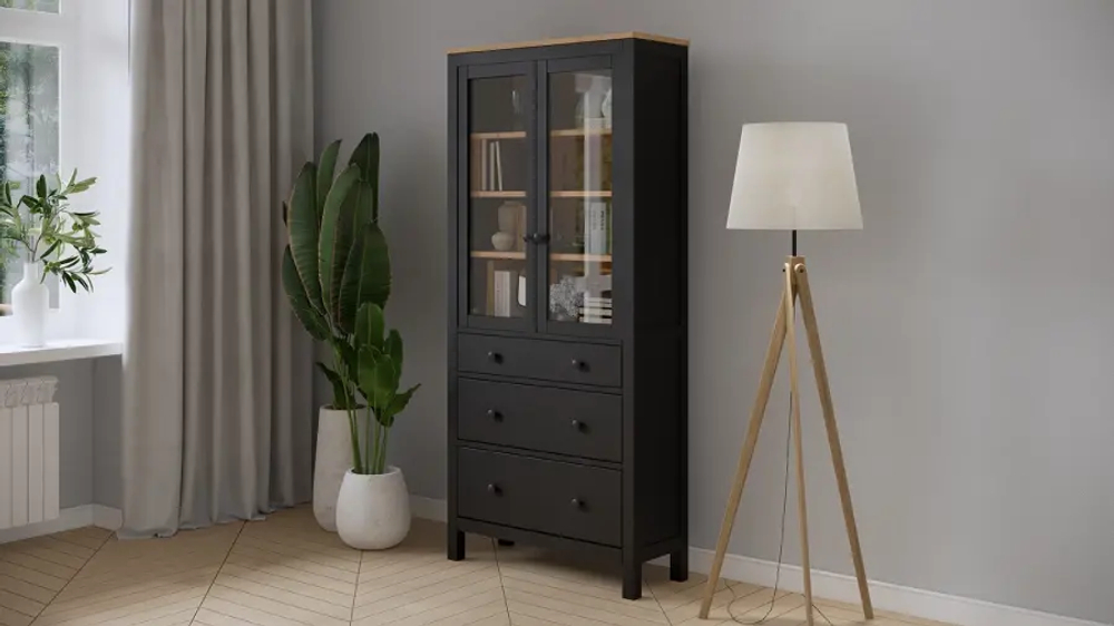 Шкаф-витрина 3 ящика - аналог IKEA HEMNES / ХЕМНЭС/ ХЕМНЕС / КЫМОР / ИКЕА 90х198х37 см, черный/светло-коричневый