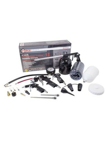 Набор пневмоинструмента 18пр.(краскопульт-сопло 1.5мм,обдувочник-сопла 110,140мм,подкачка+10 адаптеров и 1 шланг для подкачки,промывка,шланг 5м) FORCEKRAFT FK-8031K18-G (E-70)