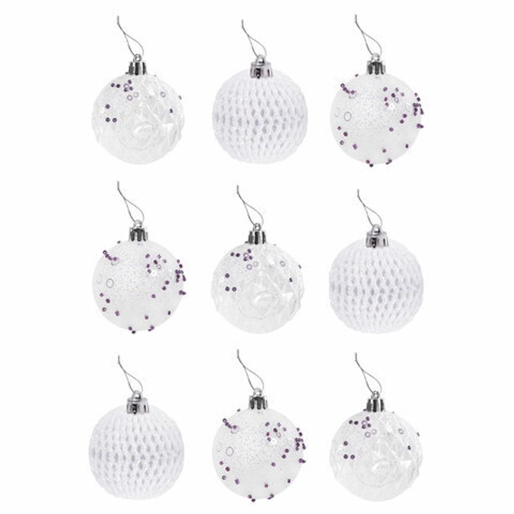 Шары ёлочные 9 шт., 6 см, "Crystal Silence", пластик, цвет: белый/серебристый, ЗОЛОТАЯ СКАЗКА, 591988