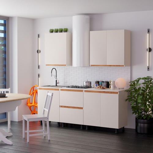 Кухня Виго 200 см со столешницей (5 модулей) / ЛДСП персидский жемчуг, массив дуба