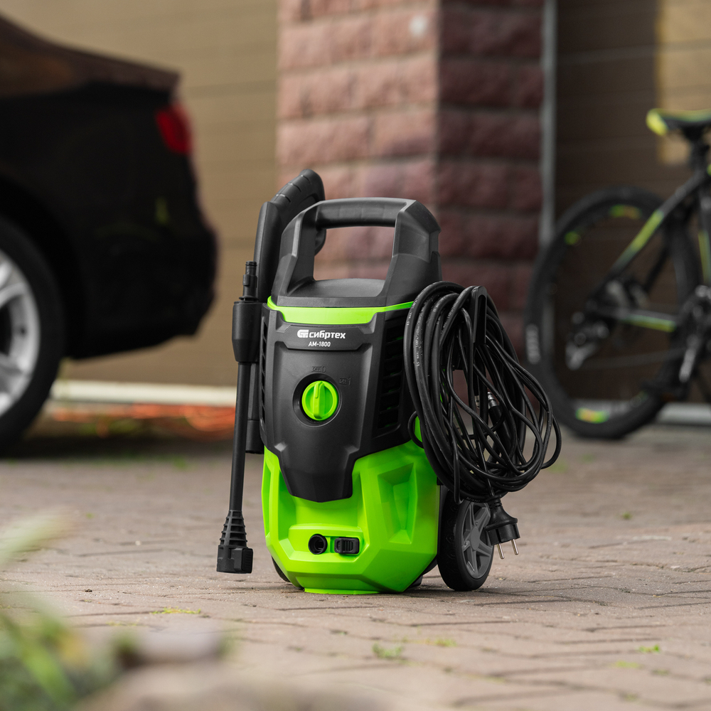 Моечная машина высокого давления АМ-1800, 1800 Вт, 140 бар, 350 л/ч, колесная// Сибртех