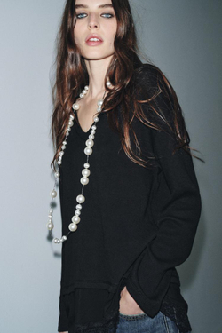 ZARA КОМБИНИРОВАННАЯ ФУТБОЛКА С КРУЖЕВОМ, ЧЕРНЫЙ