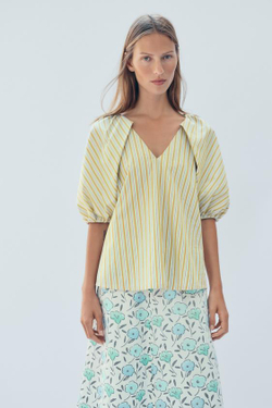 ZARA БЛУЗКА В ПОЛОСКУ С ПЫШНЫМИ РУКАВАМИ - LIMITED EDITION, ЛАЙМОВЫЙ