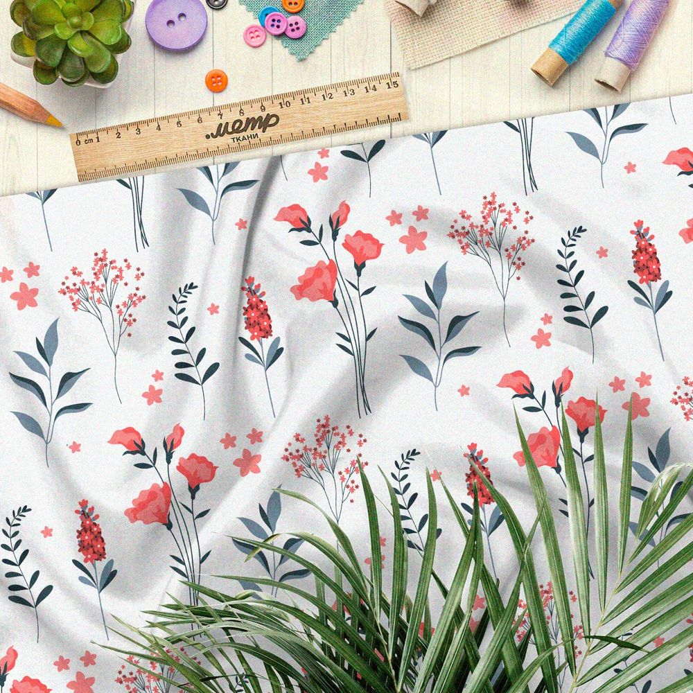 Ткань шелк Армани коралловые цветы и листья на белом фоне