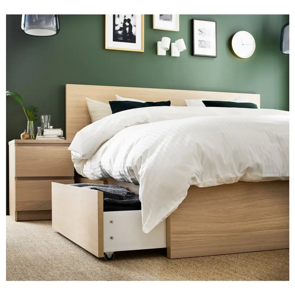 Каркас кровати с 4 ящиками для хранения - IKEA MALM/LUROY/LURÖY, 140х200 см, дубовый шпон, беленый МАЛЬМ/ЛУРОЙ ИКЕА
