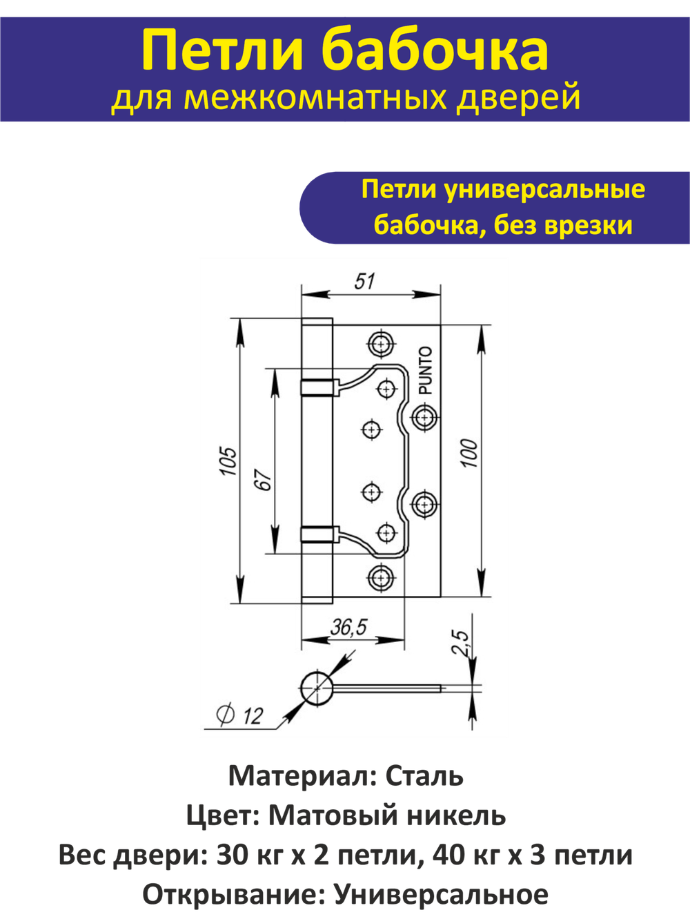 Ручка дверная межкомнатная с защелкой REX матовый никель