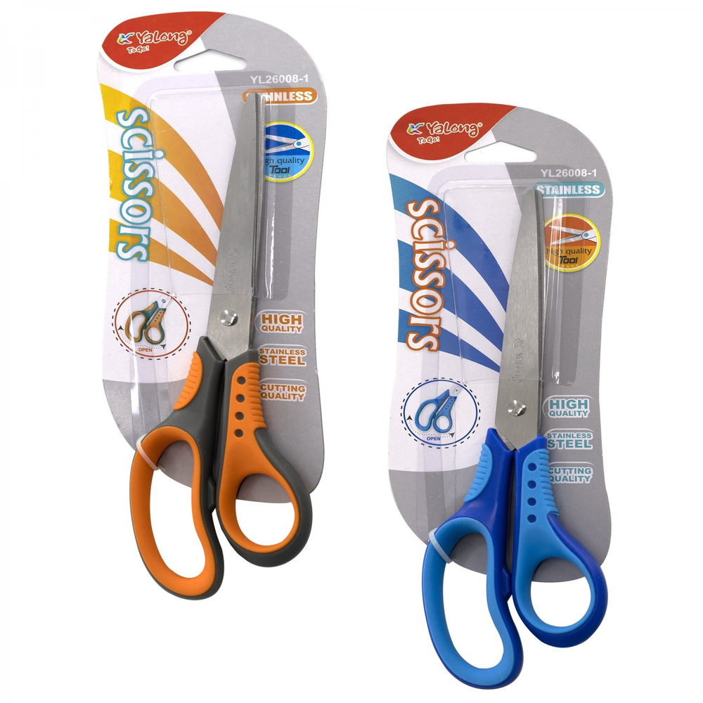 Ножницы канцелярские, Yalong, 21 см., "Эргономик", серо-оранжевые, прорезиненные ручки, европодвес
