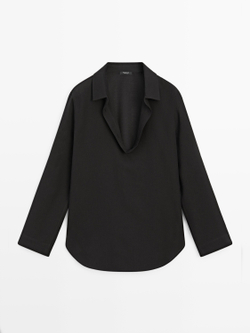 Massimo Dutti Рубашка из струящегося смесового хлопка с V-образным вырезом, коричневый