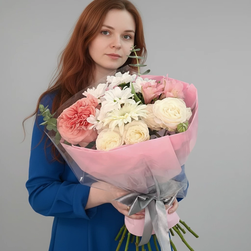 Букет "Маленькая страсть" из одноголовой розы Эквадор розового цвета, белой герберы, кремовой кустовой розы, альстромерии и ромашковой хризантемы, упакован в тишью и прозрачную пленку.