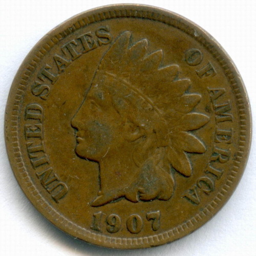 1 цент 1907 год. США. Голова индейца. Бронза, диаметр 19 мм. VF-XF