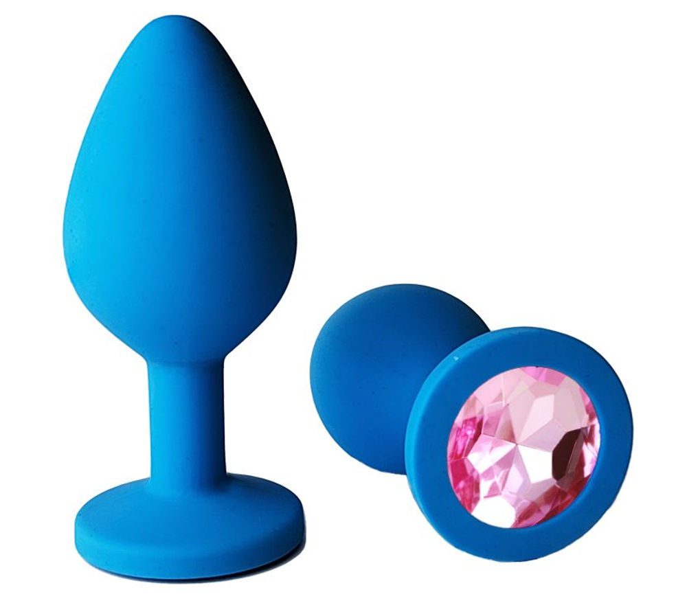 Голубая анальная пробка с нежно-розовым кристаллом - 8 см. (Цвет: нежно-розовый)