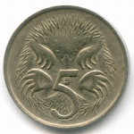 5 центов 1966 год. Австралия (Елизавета II). Ехидна. Медно-никель, диаметр 19.4 мм. VF-XF