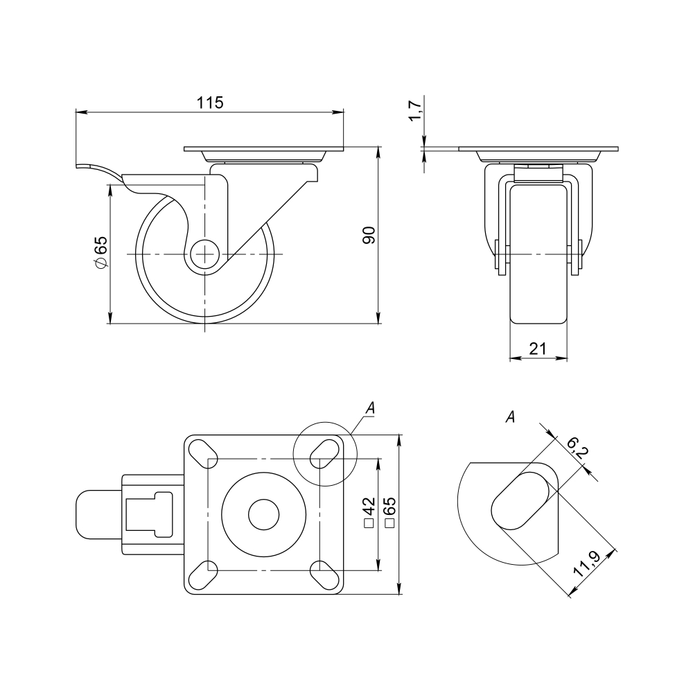Опора колесная со стопором и площадкой WL/B-60R/50 kg (brake) резина