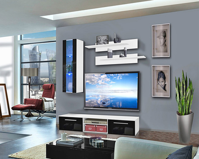 Гостиная 15 МДФ (черная) / Белый Фасадный 0101 180*45*170 см, Черный, Белый Фасадный   Фиеста