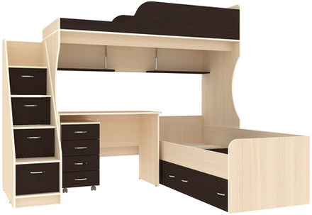 Двухъярусная кровать КарИВи Дуэт-5 с лестницей Комод КарИВиом  Дуб Молочный Венге