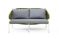 "Милан" диван 2-местный плетеный из роупа, каркас алюминий светло-серый (RAL7035) муар, роуп салатовый меланж круглый, ткань светло-серая