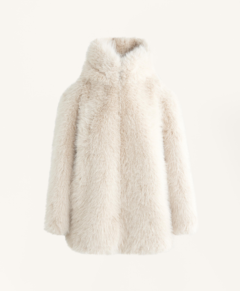 Oysho Шуба с капюшоном из искусственного меха, овсяный