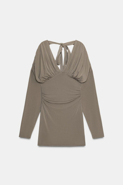 ZARA КОРОТКОЕ ПЛАТЬЕ С ОБЪЕМНЫМИ ДЕТАЛЯМИ, СЕРО-КОРИЧНЕВЫЙ