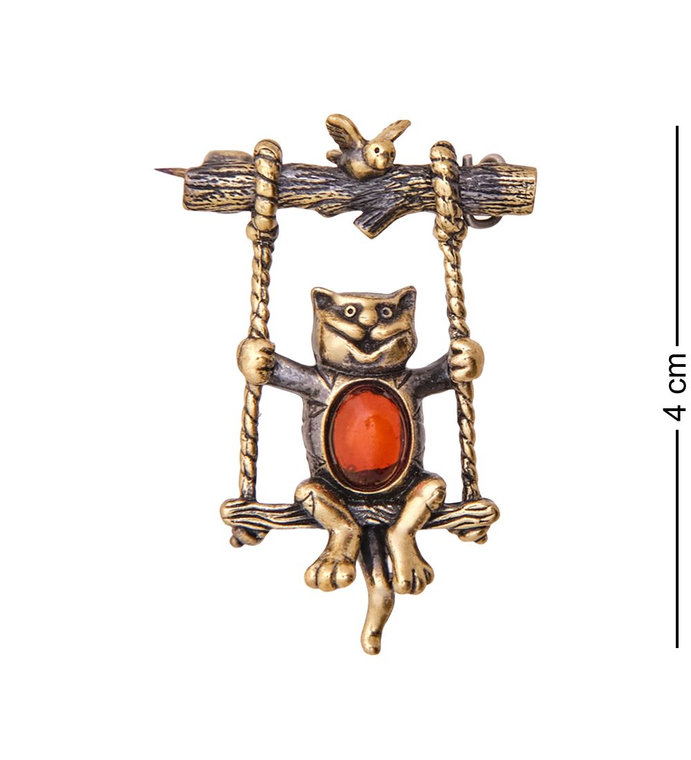 AM-3465 Брошь «Котенок на качелях» (латунь, янтарь)