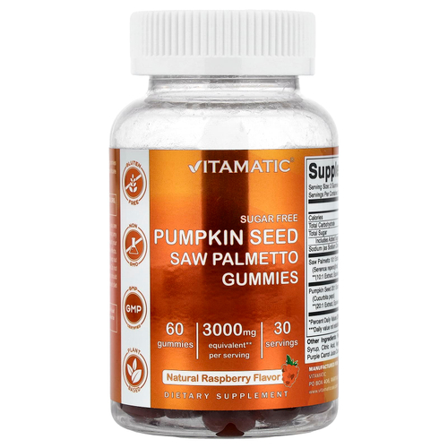 Vitamatic, тыквенные семечки, жевательные таблетки с сереноей, со вкусом натуральной малины, 60 жевательных таблеток
