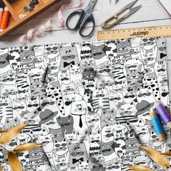 Ткань лён бело-серые коты из мультиков