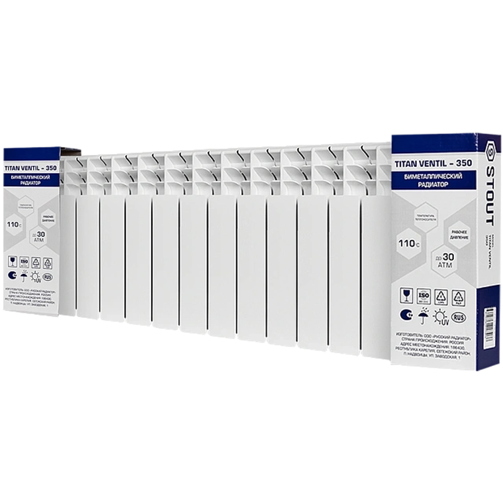 Радиатор биметаллический STOUT TITAN VENTIL 350 - 14 секций (подключение нижнее правое, цвет белый)