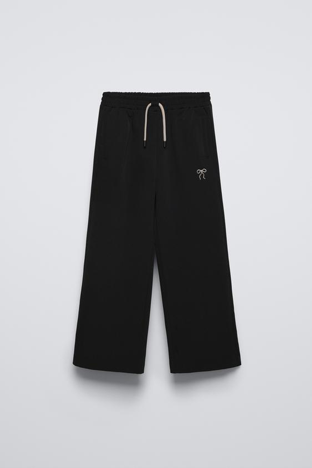 ZARA БРЮКИ С ШИРОКИМИ ШТАНИНАМИ И ВЫШИВКОЙ И БАНТОМ, ЧЕРНЫЙ