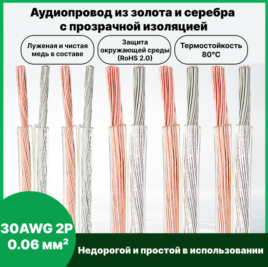 Аудиокабель из золота и серебра 30AWG 2P 0.06 мм² 10 м