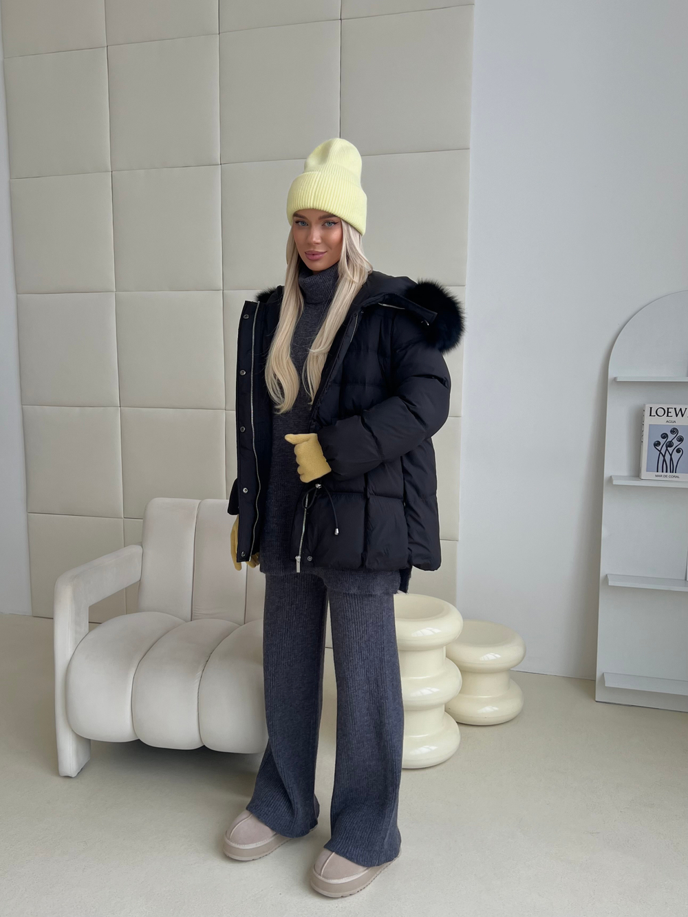 Пуховик Fresh миди с кулиской черный