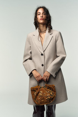 ZARA СУМКА-МЕШОК ИЗ ВЕЛЬВЕТА С ВЫШИВКОЙ, ГОРЧИЧНЫЙ