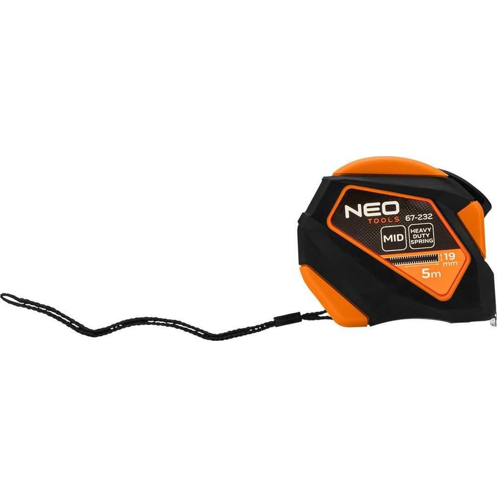 Стальная рулетка NEO TOOLS 5 м, 19 мм, автоблокировка, кнопка остановки, магнит 67-232