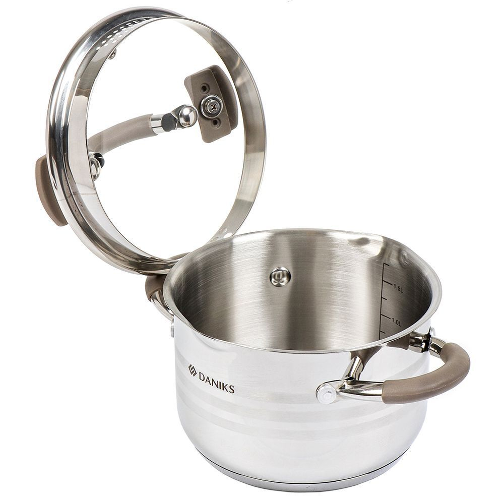 Кастрюля нерж, 2.1 л, с крыш, крышка стекло, Daniks, Нара, GS-01413HY-16CA-2, серебр, индукц