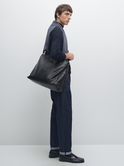 Massimo Dutti Сумка-тоут из кожи наппа с молнией, черный