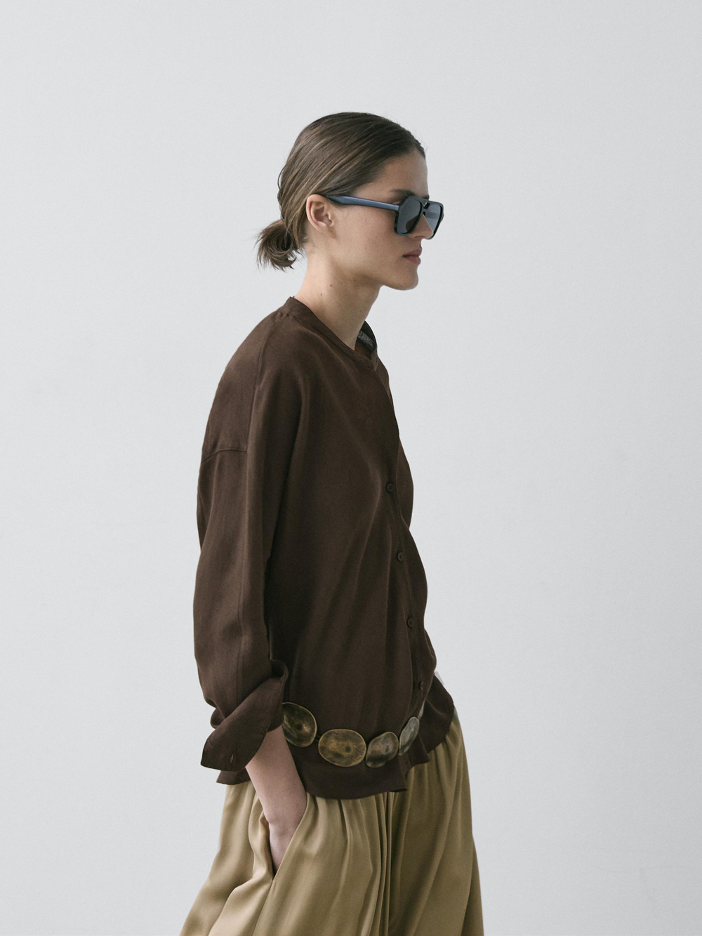 Massimo Dutti Рубашка с воротником-стойкой из 100% льна, коричневый