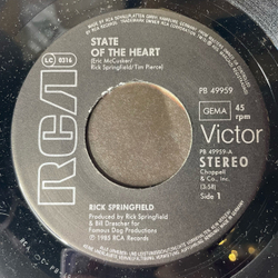 Винтажная виниловая пластинка 7 дюймов (маленькая пластинка) Rick Springfield State Of The Heart (Германия 1985)