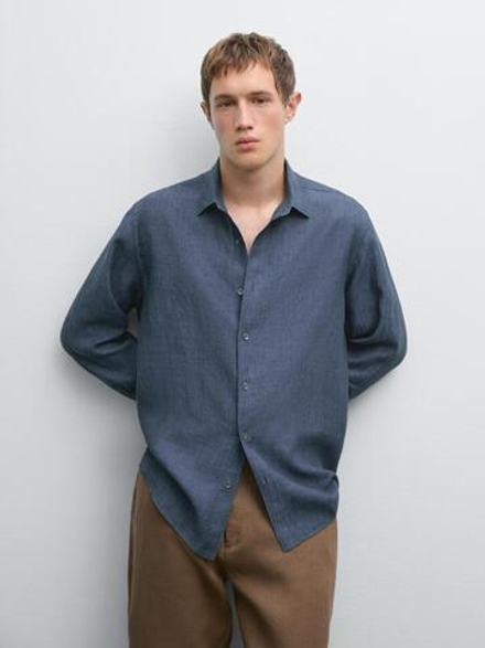 Massimo Dutti Рубашка из 100% льна стандартного кроя, темно-синий