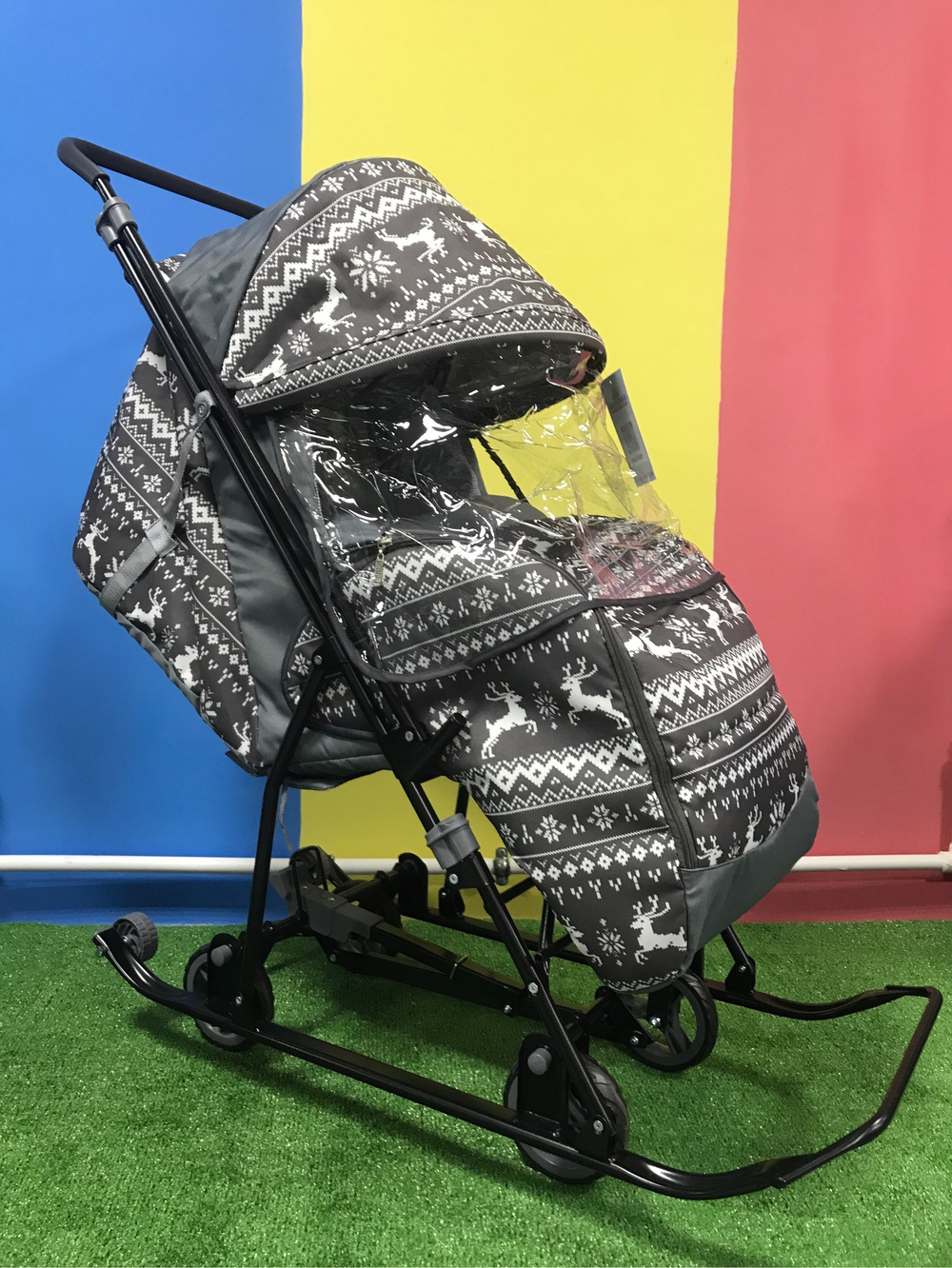 Санки-коляска СНЕЖИНКА УНИВЕРСАЛ 1 Олени на сером Арт. СУОНС