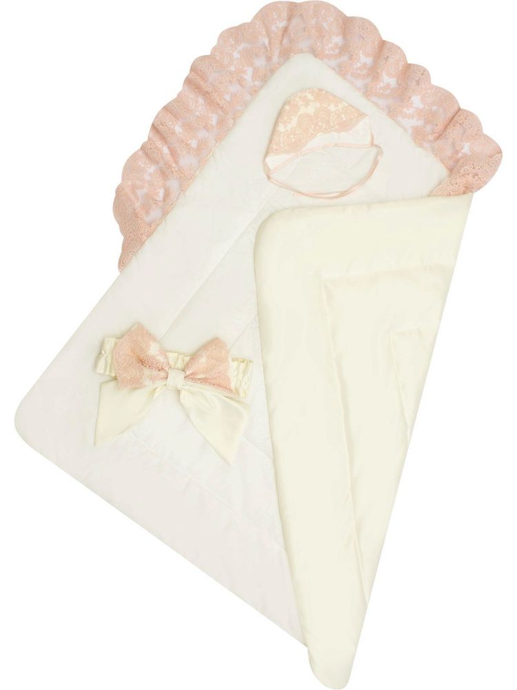 Зимний конверт-одеяло на выписку &quot;Неаполь&quot; (молочный с розовым кружевом) без пледа