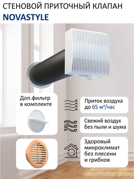 Приточный клапан стеновой NovaSTYLE КИВ-125 с трубой 0,5 м, фильтром и решеткой ABS