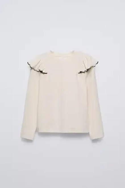 ZARA ФУТБОЛКА В РУБЧИК С ВОЛАНОМ, ЭКРЮ