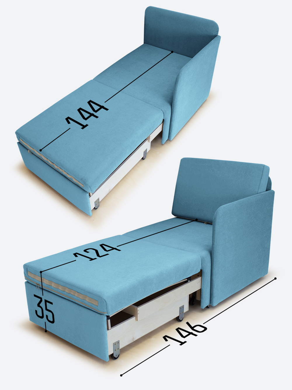 Кресло-кровать "Миник" с левым подлокотником, под правую руку, велюр Candy Blue