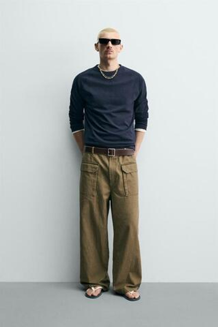 ZARA БРЮКИ WIDE FIT СО ШЛЕВКОЙ, ХАКИ