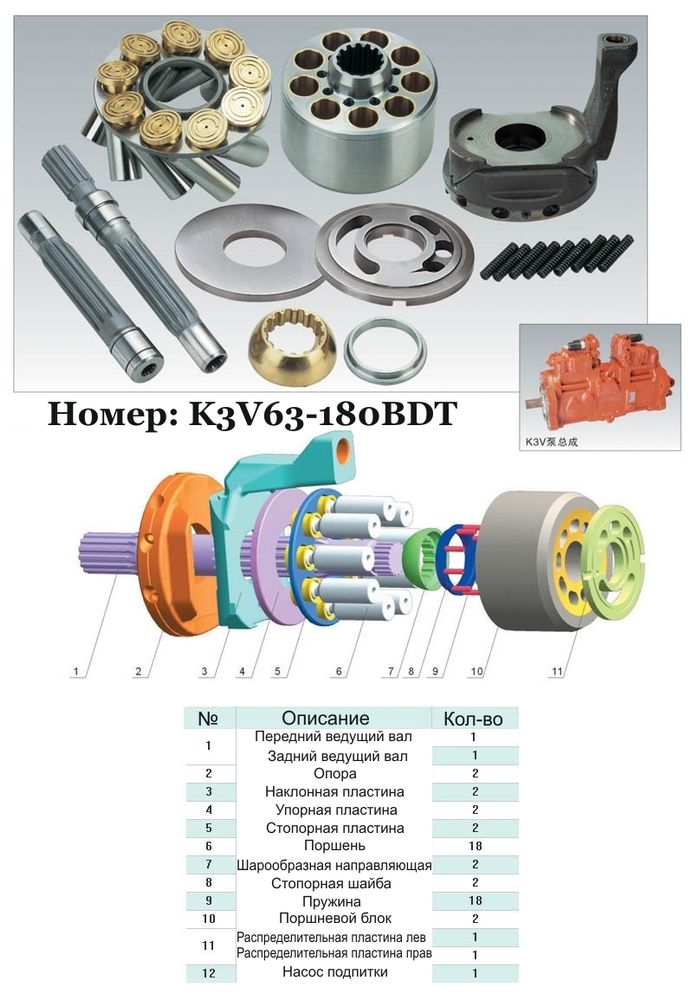 ремонтный комплект на гидравлический насос Kawasaki K3V63DT