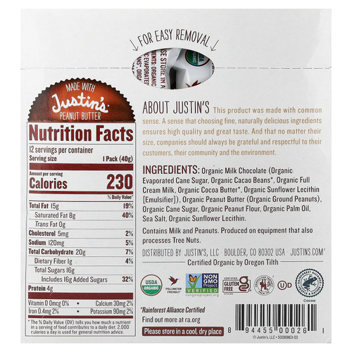 Justin's Nut Butter, Organic Peanut Butter Cups, Milk Chocolate, 12 Two-Cup Packages, 1.4 oz (40 g) Each